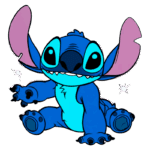 Personagem Stitch, da Disney, representado como um pequeno alienígena azul com grandes orelhas e olhos expressivos, sentado e sorrindo. O fundo é verde, destacando sua aparência cativante.