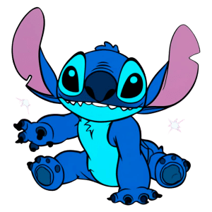 Personagem Stitch, da Disney, representado como um pequeno alienígena azul com grandes orelhas e olhos expressivos, sentado e sorrindo. O fundo é verde, destacando sua aparência cativante.