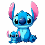 Imagem de Stitch, personagem icônico da Disney, sentado ao lado de seu miniatura. Ambos têm pelagem azul, grandes olhos expressivos e orelhas rosa, transmitindo um caráter divertido e amigável. Ideal para fãs de animação e cultura pop.