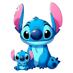 Imagem de Stitch, personagem icônico da Disney, sentado ao lado de seu miniatura. Ambos têm pelagem azul, grandes olhos expressivos e orelhas rosa, transmitindo um caráter divertido e amigável. Ideal para fãs de animação e cultura pop.