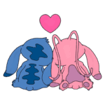 Stitch e Angel sentados lado a lado, com corações flutuando acima deles, simbolizando amor e amizade.
