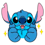 Personagem Stitch, do filme Lilo & Stitch, com pele azul, orelhas grandes e sorriso. Ele está segurando os polegares para cima, rodeado por estrelas brilhantes. Fundo verde.