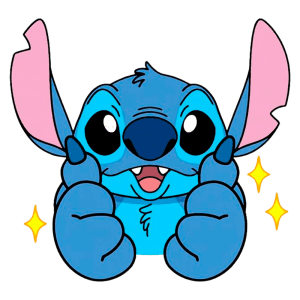 Personagem Stitch, do filme Lilo & Stitch, com pele azul, orelhas grandes e sorriso. Ele está segurando os polegares para cima, rodeado por estrelas brilhantes. Fundo verde.