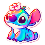 Ilustração Stitch decorado com uma flor na cabeça, exibindo um brilho colorido.