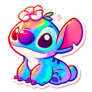 Ilustração Stitch decorado com uma flor na cabeça, exibindo um brilho colorido.