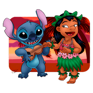 Imagem de Stitch e Lilo, personagens da animação, cantando e tocando ukulele em um cenário tropical ao pôr do sol, com palmeiras ao fundo.
