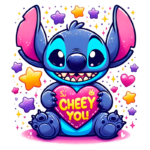 Stitch segurando um coração com a frase "CHEEY YOU!" cercado por estrelas brilhantes.