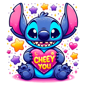 Stitch segurando um coração com a frase "CHEEY YOU!" cercado por estrelas brilhantes.