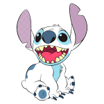 Personagem de desenho animado Stitch, do filme "Lilo & Stitch", com um sorriso largo e orelhas grandes, sentado em uma pose divertida. A imagem destaca suas características coloridas, incluindo pele azul e olhos grandes.