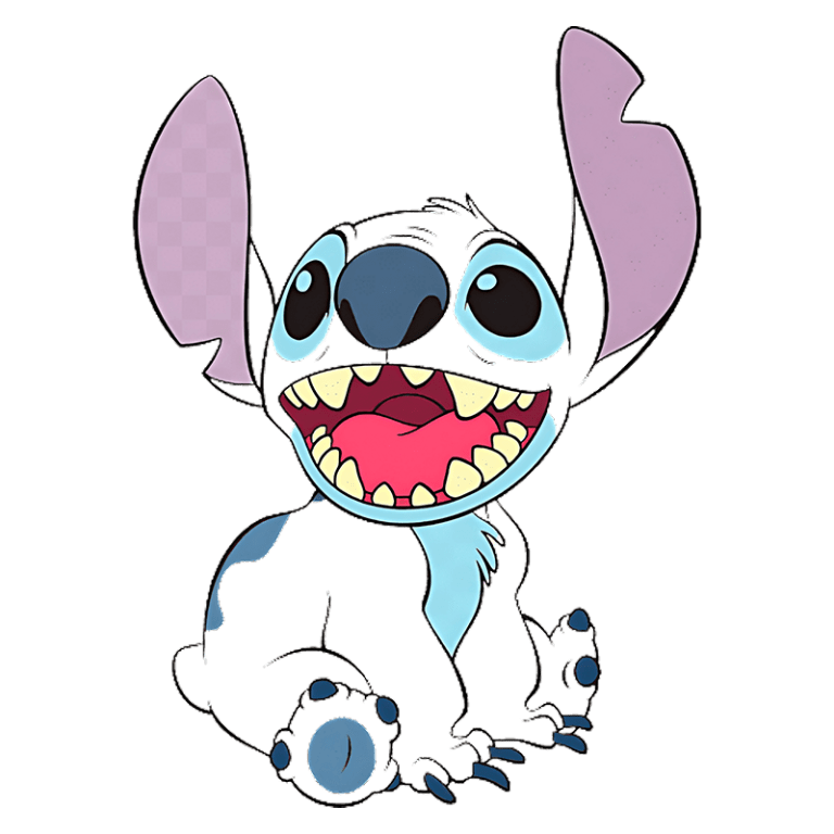 Personagem de desenho animado Stitch, do filme "Lilo & Stitch", com um sorriso largo e orelhas grandes, sentado em uma pose divertida. A imagem destaca suas características coloridas, incluindo pele azul e olhos grandes.
