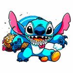 Stitch com grandes olhos e sorriso largo, segurando sorvetes e mostrando suas garras. Fundo colorido com elementos de espaço. Ideal para fãs de animação e cultura pop.
