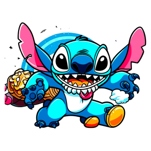 Stitch com grandes olhos e sorriso largo, segurando sorvetes e mostrando suas garras. Fundo colorido com elementos de espaço. Ideal para fãs de animação e cultura pop.