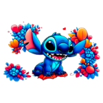 Personagem animado Stitch, de cor azul vibrante, sorrindo e cercado por flores coloridas em um fundo alegre. Ideal para temas relacionados a cultura pop, Disney e ilustrações divertidas.