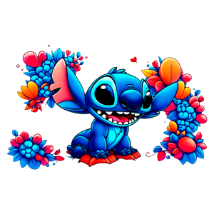 Personagem animado Stitch, de cor azul vibrante, sorrindo e cercado por flores coloridas em um fundo alegre. Ideal para temas relacionados a cultura pop, Disney e ilustrações divertidas.
