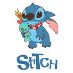 Imagem do personagem Stitch, de Lilo & Stitch, segurando um boneco verde em forma de monstros, com uma guirlanda de flores ao redor do pescoço. O nome "Stitch" está escrito em letras coloridas abaixo da imagem.
