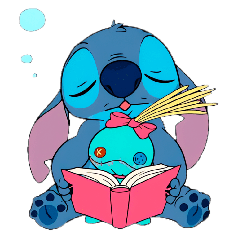 Stitch, personagem azul da Disney, está adormecido enquanto segura um livro aberto e um brinquedo, com macarrão na boca e expressão relaxada, em um fundo verde.