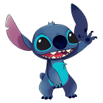 Personagem animado Stitch, de pele azul, com grandes olhos pretos e um sorriso largo, levantando uma mão em um gesto amigável. Ideal para conteúdo sobre cultura pop, filmes de animação e personagens icônicos.