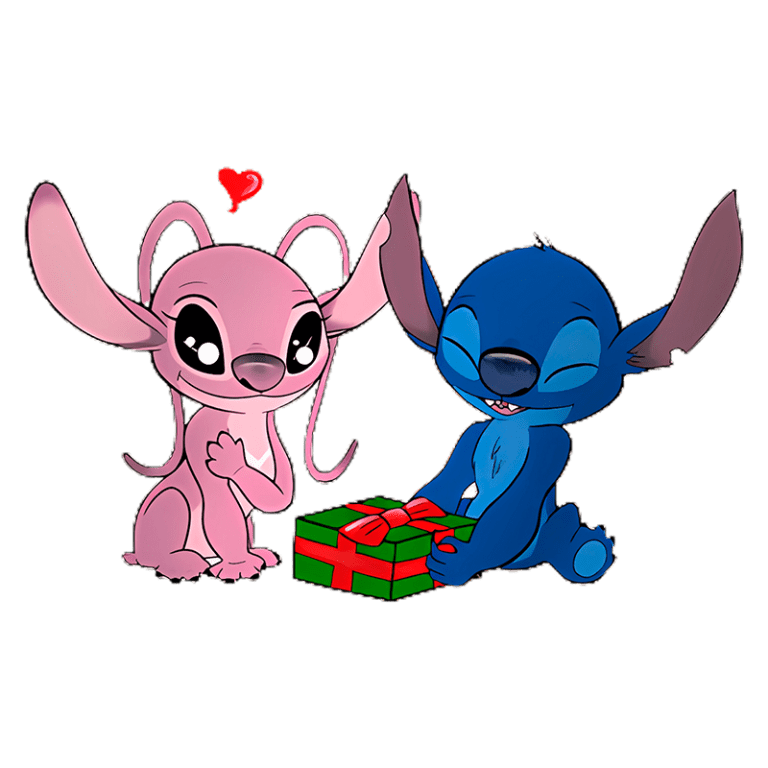Personagens Angel e Stitch sorrindo e segurando um presente embrulhado em papel de Natal. O fundo é transparente.