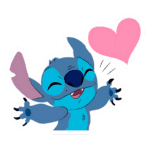 Desenho animado de Stitch, personagem de Lilo & Stitch, sorrindo e com os braços abertos, segurando um coração rosa, simbolizando amor e amizade.