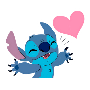 Desenho animado de Stitch, personagem de Lilo & Stitch, sorrindo e com os braços abertos, segurando um coração rosa, simbolizando amor e amizade.