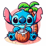Personagem animado Stitch, de pelagem azul, sentado em uma praia, segurando um coqueiro com uma bebida de coco. Atrás dele, uma palmeira verde está ao fundo, criando um ambiente tropical divertido e descontraído.