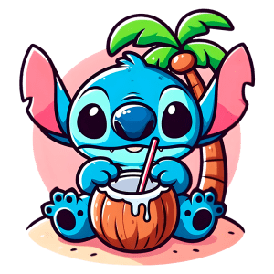 Personagem animado Stitch, de pelagem azul, sentado em uma praia, segurando um coqueiro com uma bebida de coco. Atrás dele, uma palmeira verde está ao fundo, criando um ambiente tropical divertido e descontraído.