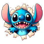 Stitch saindo de um buraco em uma parede. Ideal para temas de diversão e fantasia.