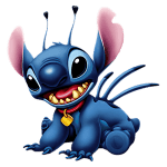 Personagem Stitch, um pequeno alienígena azul com grandes orelhas e um sorriso travesso, sentado em uma pose divertida. Ele usa um colar vermelho com uma medalhinha, representando sua personalidade amistosa e travessa.