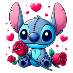 Stitch segurando rosas vermelhas. O fundo possui corações pink, transmitindo uma sensação de amor e carinho. Ideal para temas de valentine ou conexão emocional.