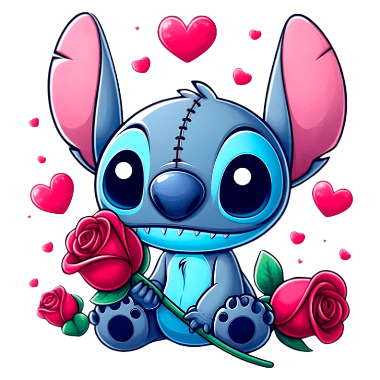 Stitch segurando rosas vermelhas. O fundo possui corações pink, transmitindo uma sensação de amor e carinho. Ideal para temas de valentine ou conexão emocional.