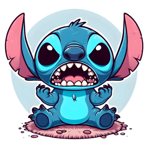 Stitch com expressão zangada, sentado em um tapete macio. Ideal para fãs de animações e cultura pop.