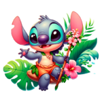 Personagem estilizado de Stitch, com orelhas grandes e expressão alegre, segurando um bastão decorado com flores, rodeado por folhagens tropicais e flores coloridas. Ideal para ilustrar temas de fantasia, animação e vida tropical.