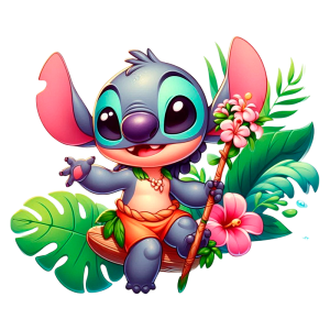 Personagem estilizado de Stitch, com orelhas grandes e expressão alegre, segurando um bastão decorado com flores, rodeado por folhagens tropicais e flores coloridas. Ideal para ilustrar temas de fantasia, animação e vida tropical.