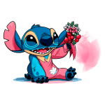 Personagem Stitch, do filme Lilo & Stitch, sorrindo e segurando um buquê de flores, com fundo colorido. Ideal para temas de amizade e carinho.