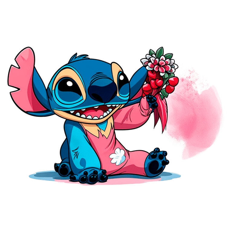 Personagem Stitch, do filme Lilo & Stitch, sorrindo e segurando um buquê de flores, com fundo colorido. Ideal para temas de amizade e carinho.