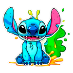 Desenho de Stitch, personagem azul com grandes orelhas, sentado em meio a manchas de tinta colorida, transmitindo uma sensação de alegria e diversão.