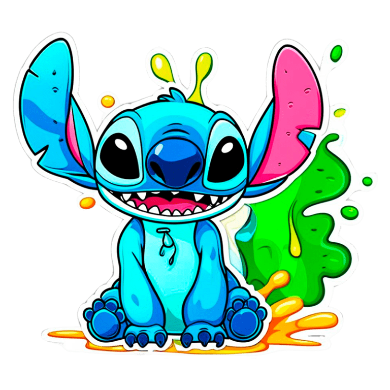 Desenho de Stitch, personagem azul com grandes orelhas, sentado em meio a manchas de tinta colorida, transmitindo uma sensação de alegria e diversão.