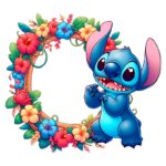 Imagem colorida de um personagem animado azul, Stitch, posando alegremente ao lado de uma coroa de flores tropicais vibrantes, incluindo hibiscos e outras flores em diversas cores. Ideal para temas de amizade e diversão.