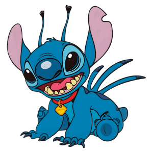 Personagem Stitch, de cor azul, com grandes olhos expressivos e orelhas alongadas, sorrindo e sentado. Ele usa uma coleira vermelha com a etiqueta "Experiment 626". Fundo verde liso.