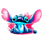 Stitch com orelhas grandes e pele suave, sentado em um fundo colorido, com um olhar curioso e expressivo. Ideal para temas de animação e cultura pop.