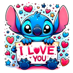 Personagem Stitch, da Disney, segurando um cartaz com a mensagem "I LOVE YOU", cercado por corações e estrelas coloridas em um fundo vibrante, transmitindo uma sensação de amor e carinho.