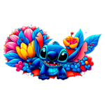 Ilustração colorida do personagem Stitch, cercado por flores vibrantes em um estilo artístico divertido e alegre.