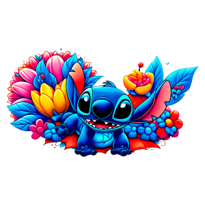 Ilustração colorida do personagem Stitch, cercado por flores vibrantes em um estilo artístico divertido e alegre.