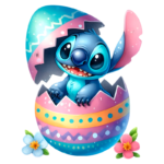 Stitch saindo de um ovo de Páscoa decorado com cores vibrantes, rodeado por flores, representando um tema festivo e lúdico.