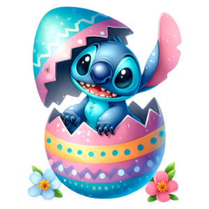 Stitch saindo de um ovo de Páscoa decorado com cores vibrantes, rodeado por flores, representando um tema festivo e lúdico.