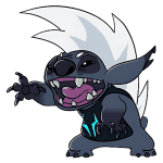Personagem Stitch estilo cartoon com corpo cinza e cabelo branco espesso, vestindo uma camiseta escura com detalhes azul. Ele tem um sorriso largo e dentes afiados, aparentando alegria e energia. Ideal para temas de animação e personagens de desenho animado.