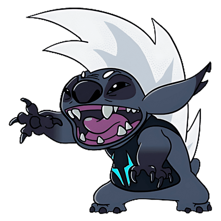 Personagem Stitch estilo cartoon com corpo cinza e cabelo branco espesso, vestindo uma camiseta escura com detalhes azul. Ele tem um sorriso largo e dentes afiados, aparentando alegria e energia. Ideal para temas de animação e personagens de desenho animado.
