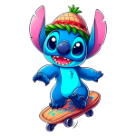 Stitch sorridente, com orelhas grandes e um chapéu de abacaxi, andando de skate em uma prancha laranja. Ideal para ilustrações de aventura e diversão.