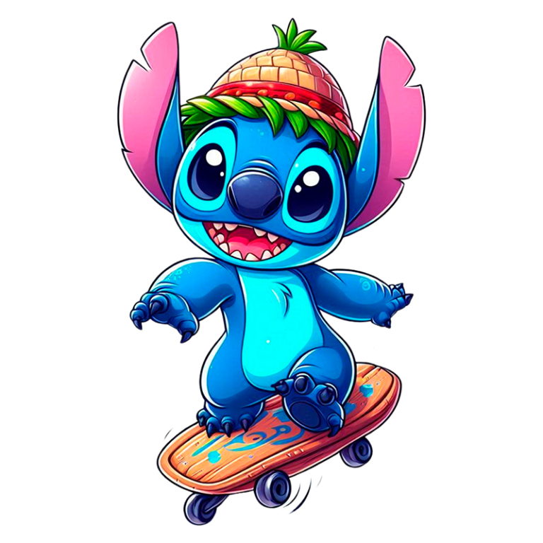 Stitch sorridente, com orelhas grandes e um chapéu de abacaxi, andando de skate em uma prancha laranja. Ideal para ilustrações de aventura e diversão.