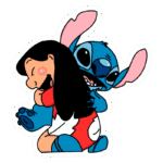 Lilo abraçando Stitch, personagens icônicos da Disney, mostrando um momento de amizade e afeto. Ilustração colorida em estilo de desenho animado.
